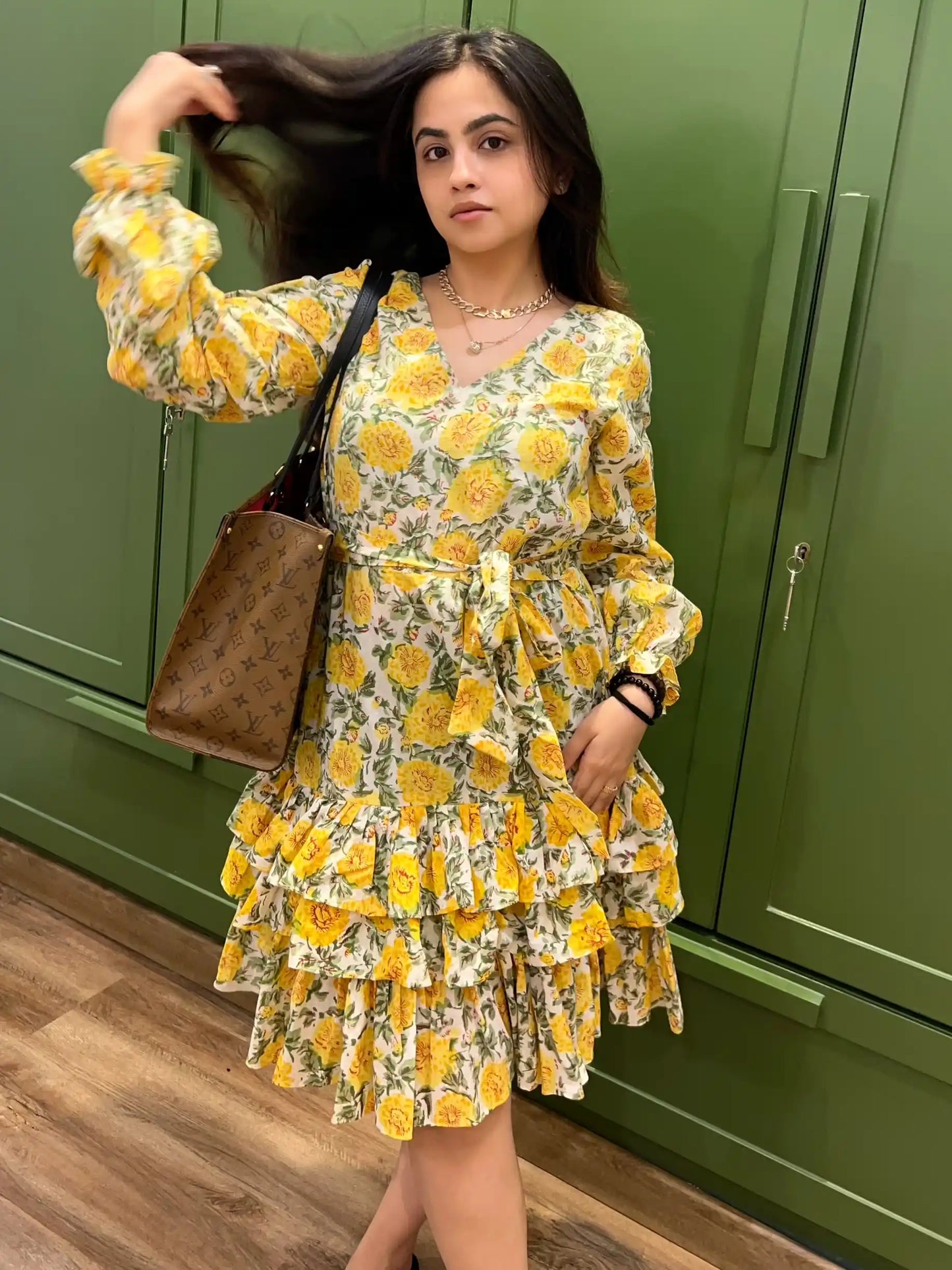 Frill Trimmed Yellow Floral Dress