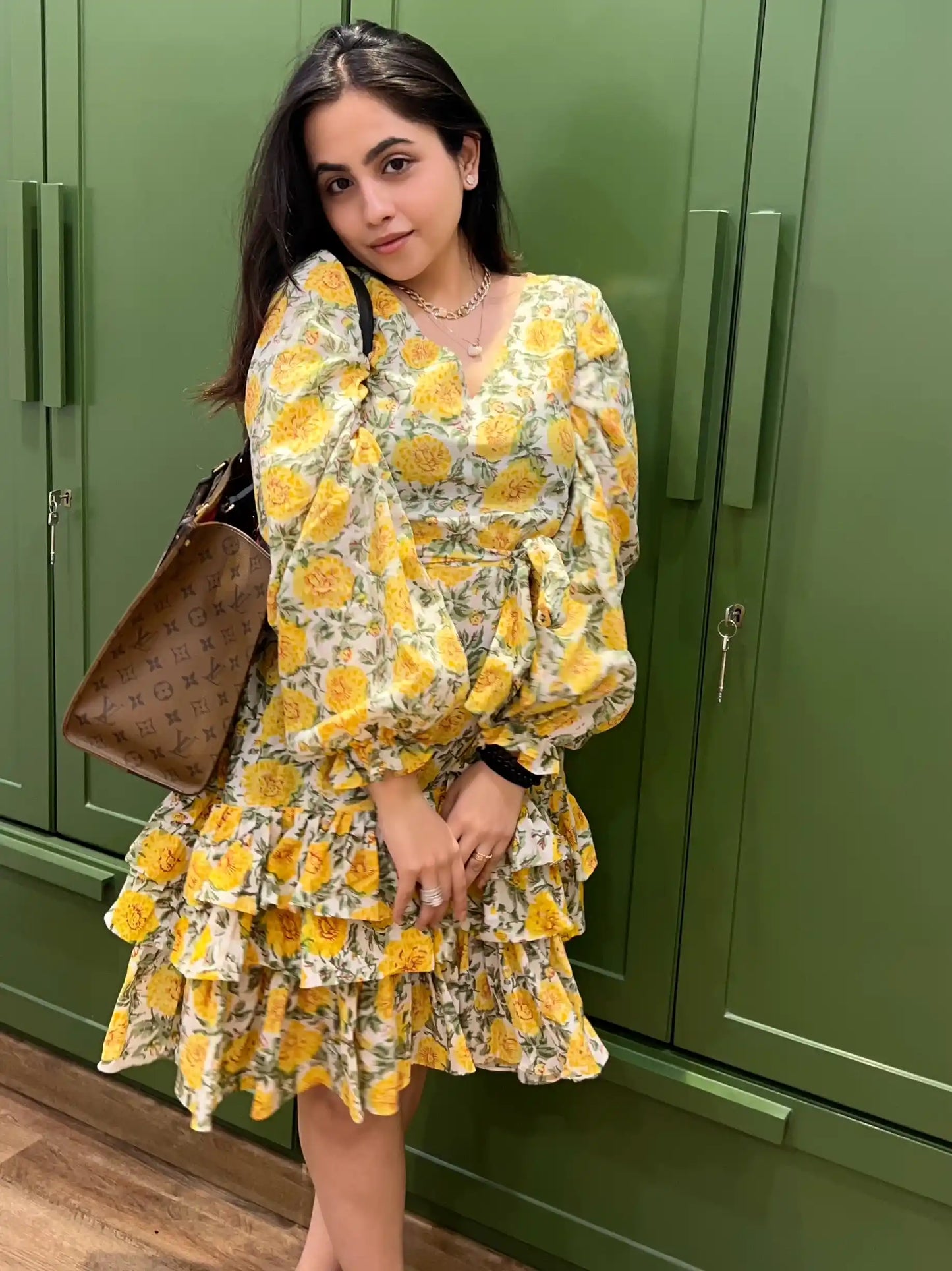 Frill Trimmed Yellow Floral Dress