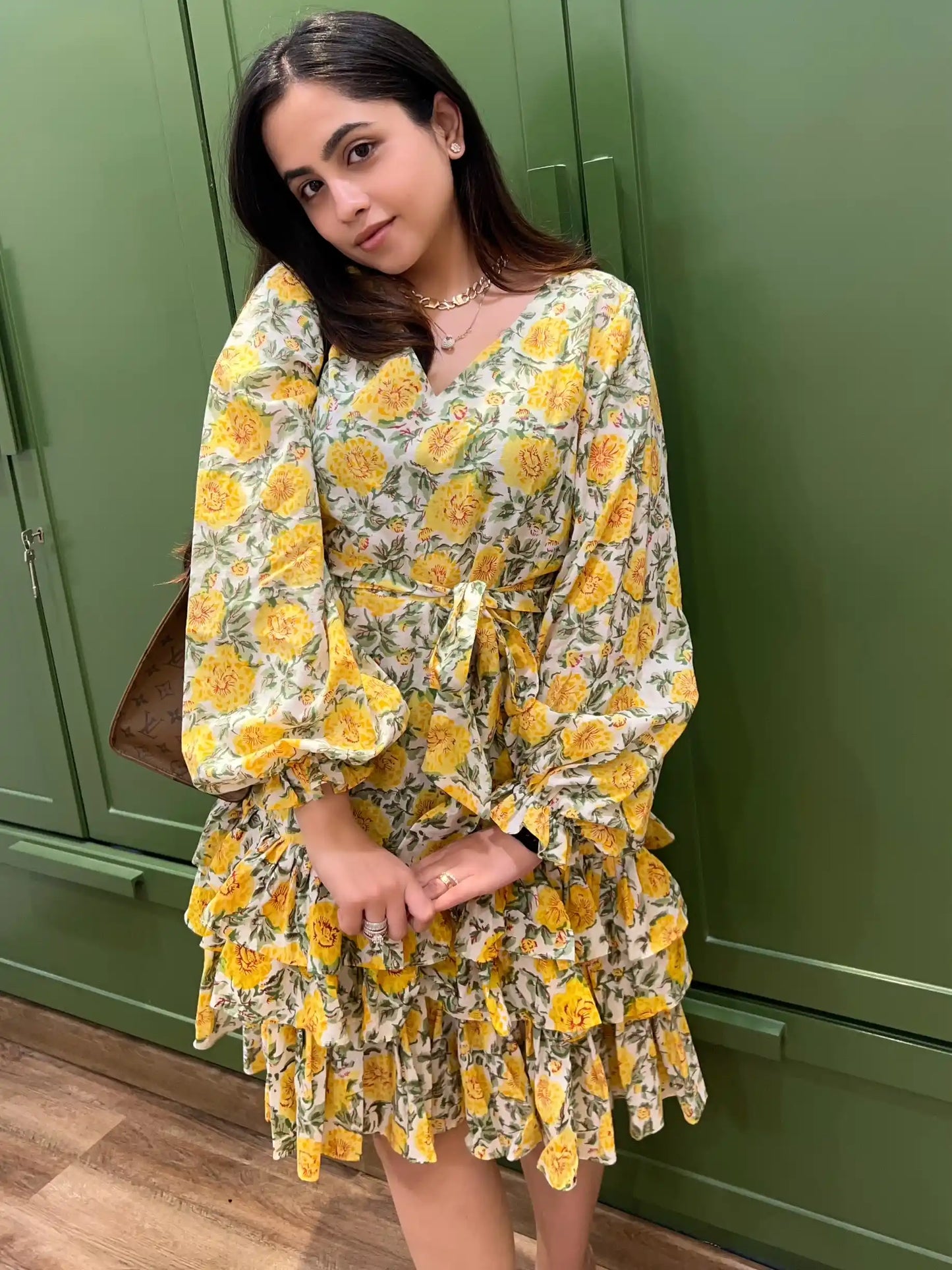 Frill Trimmed Yellow Floral Dress