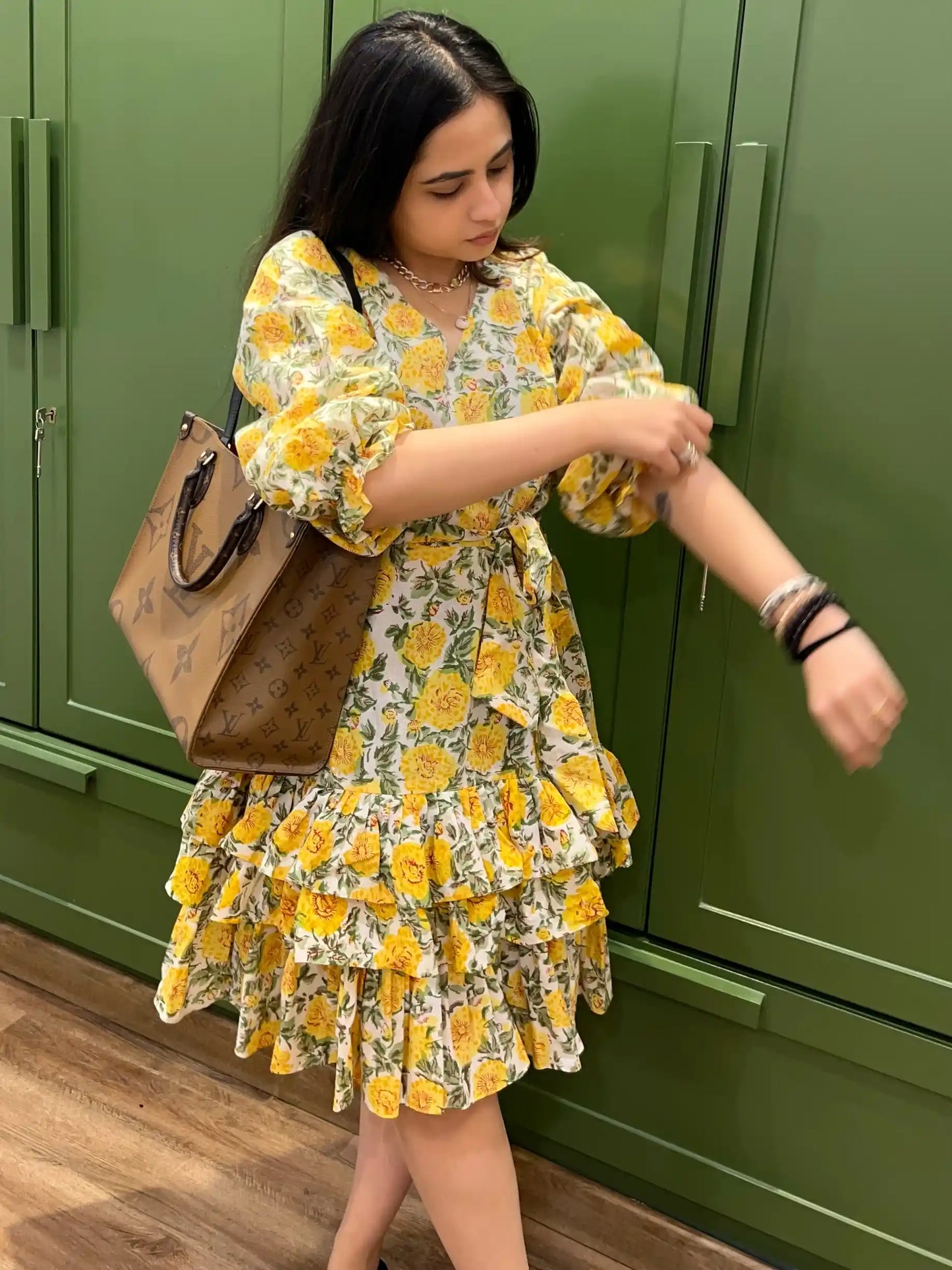 Frill Trimmed Yellow Floral Dress