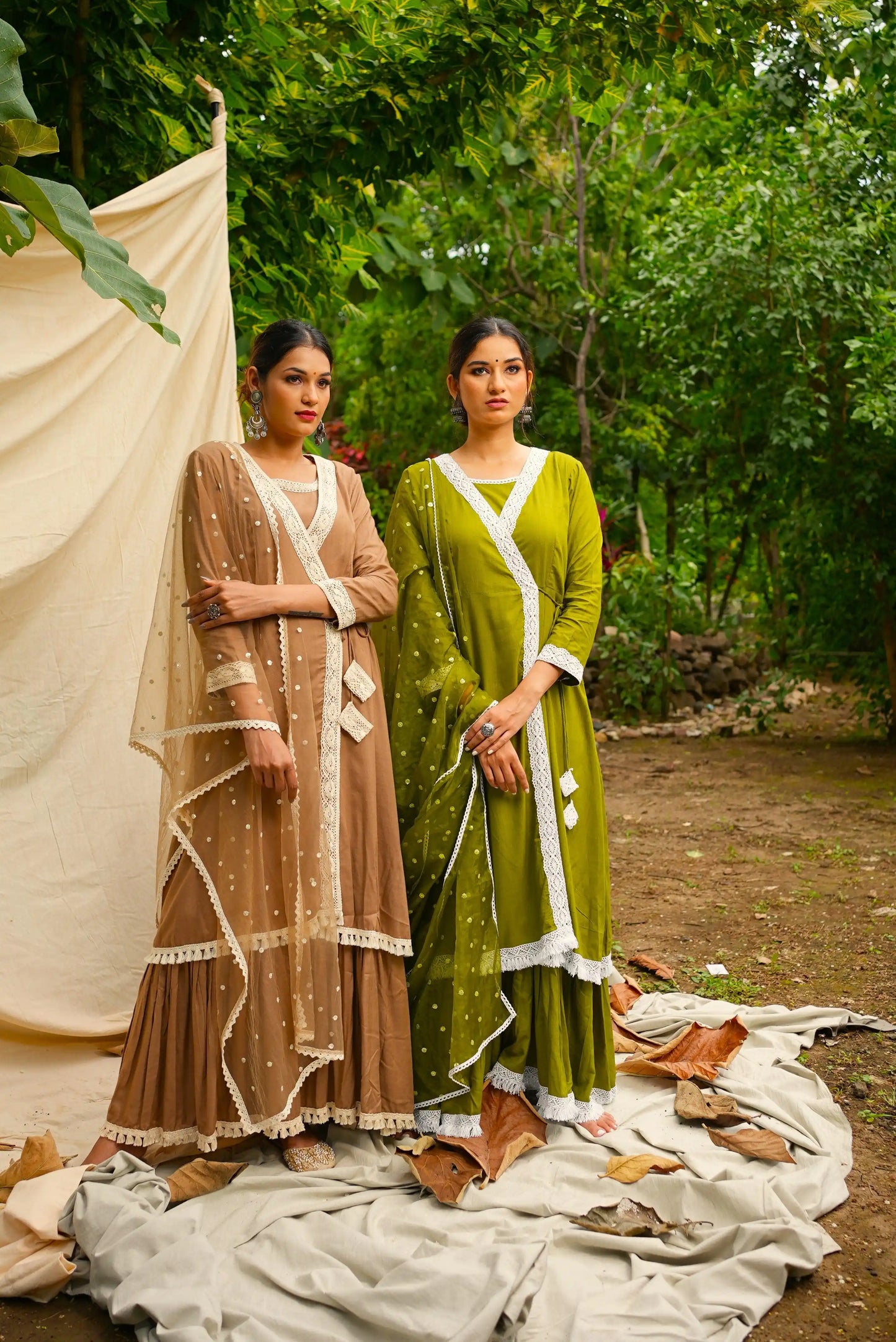 Green Anghrakha set with dupatta.
