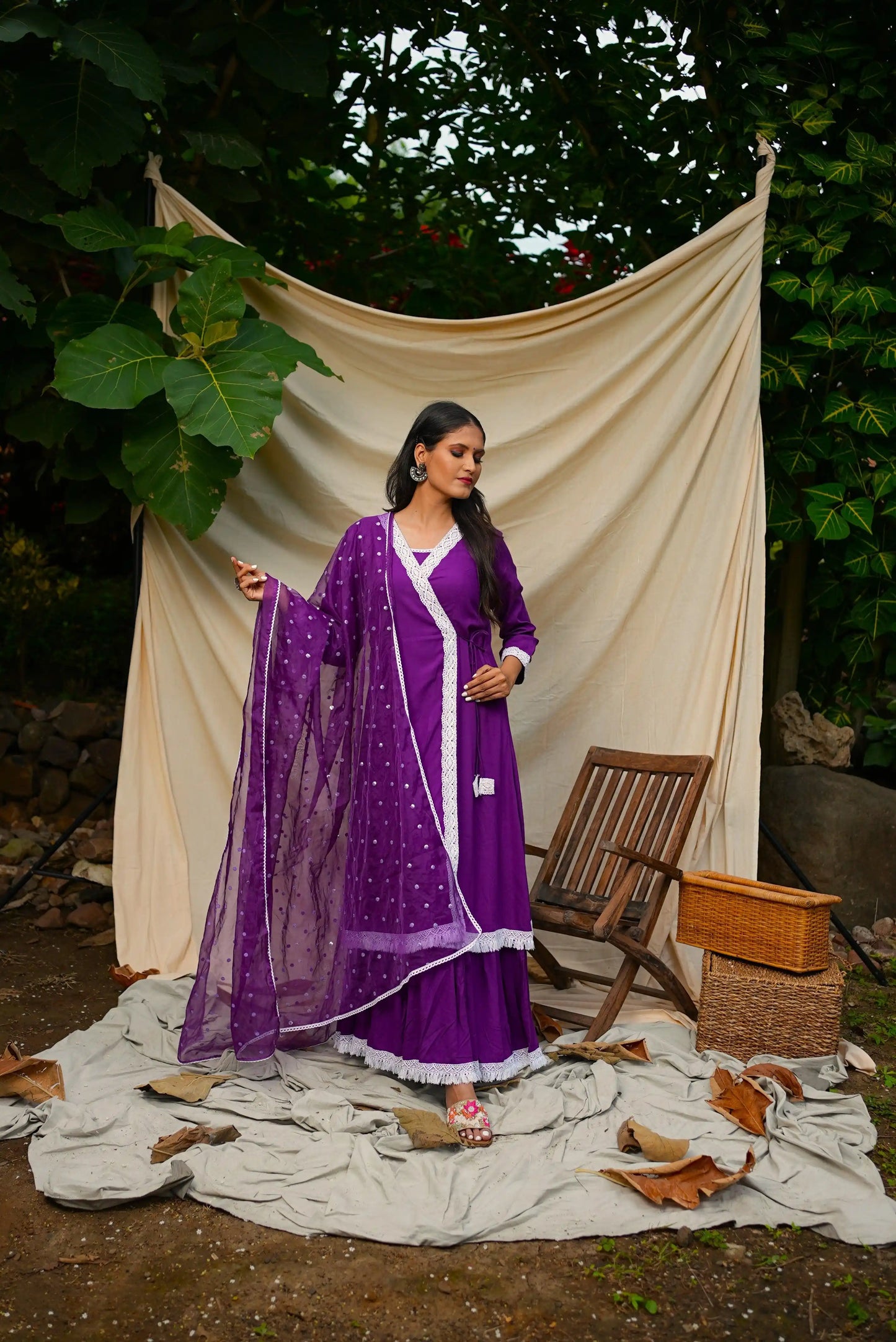 Voilet Anghrakha set with dupatta.