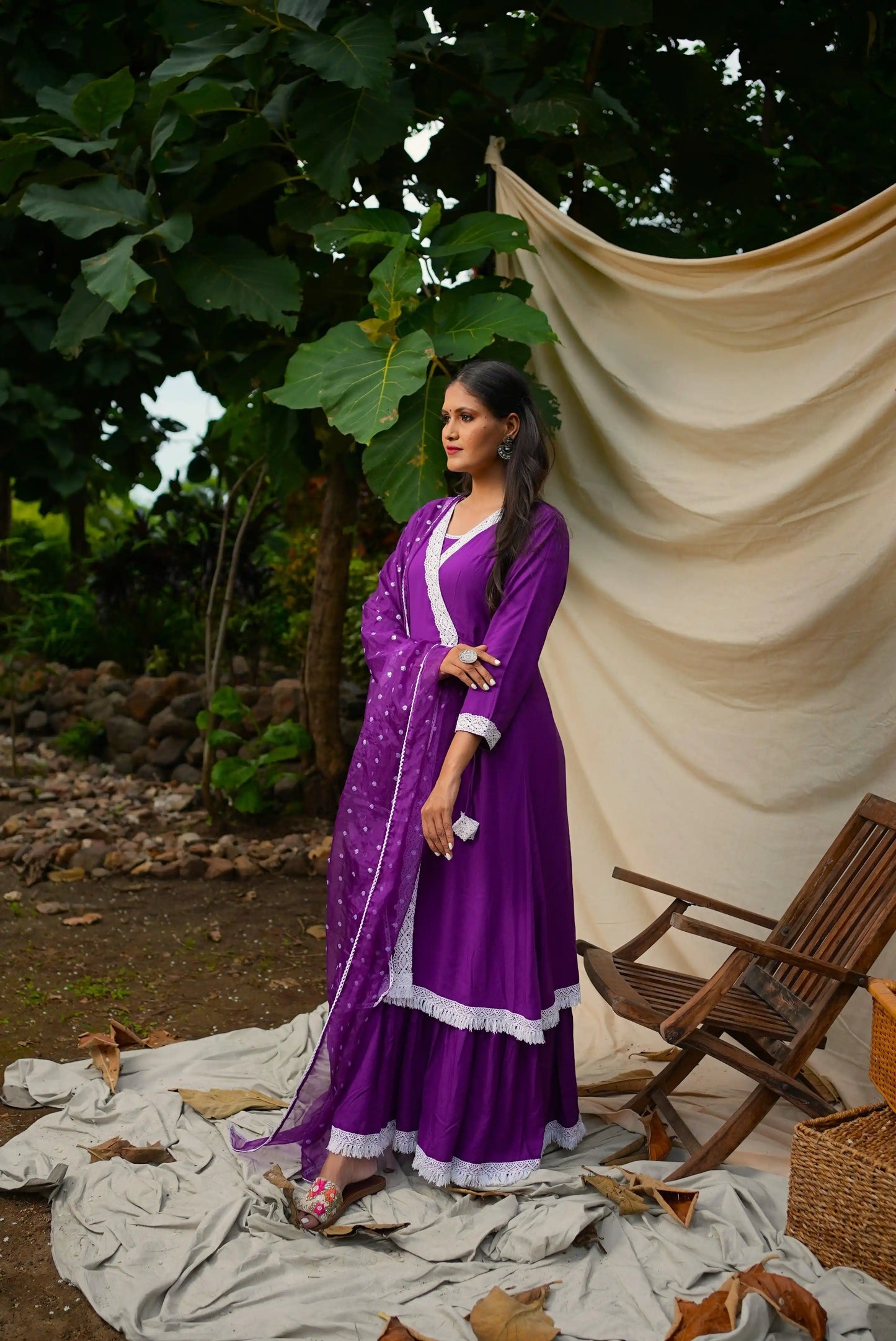 Voilet Anghrakha set with dupatta.