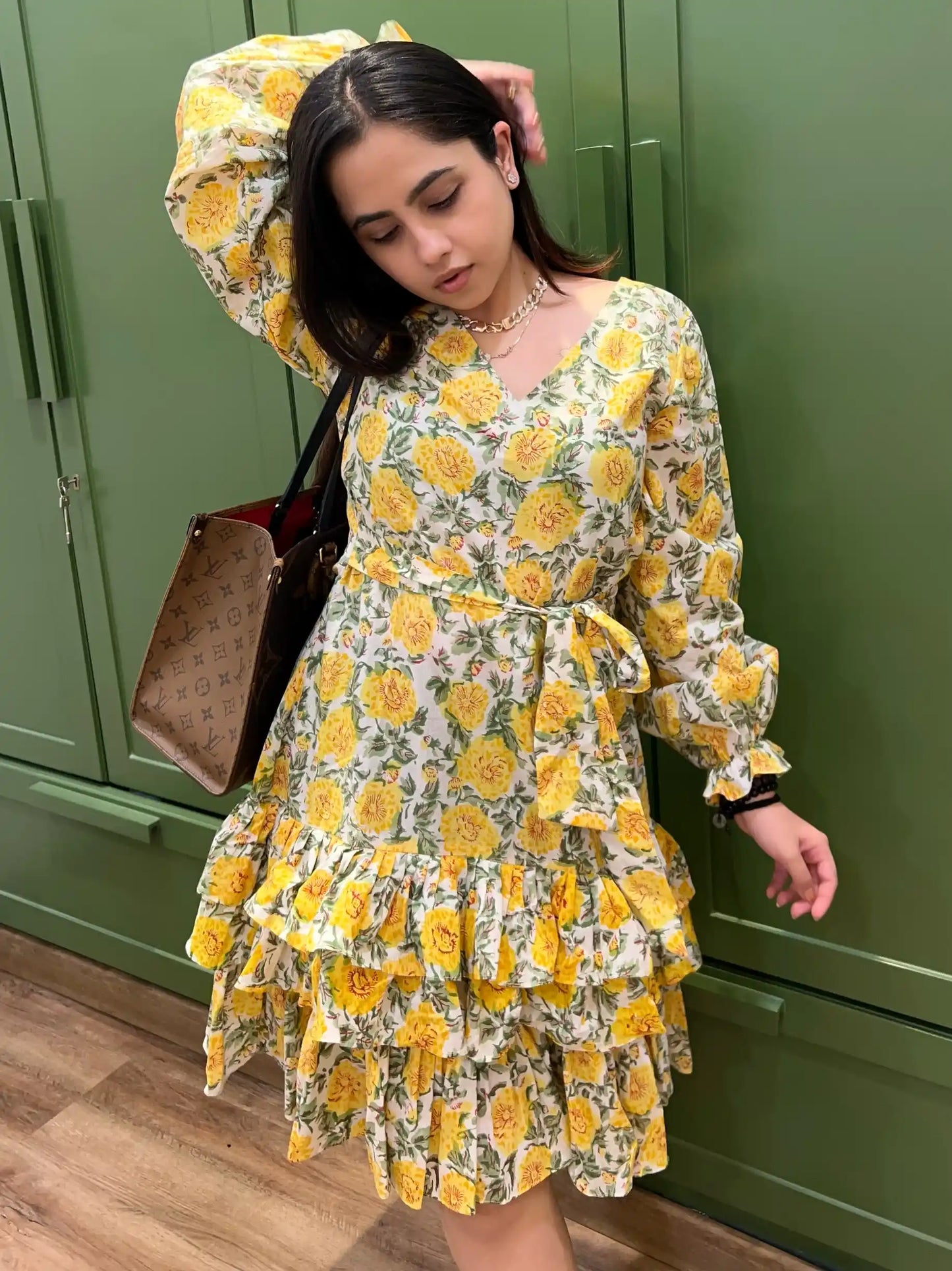 Frill Trimmed Yellow Floral Dress
