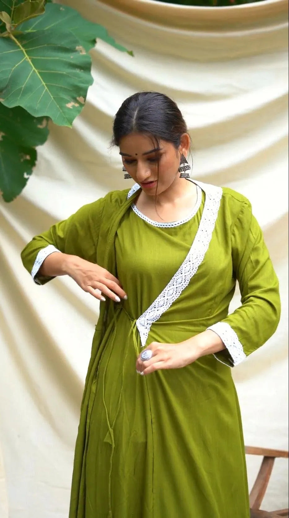 Green Anghrakha set with dupatta.