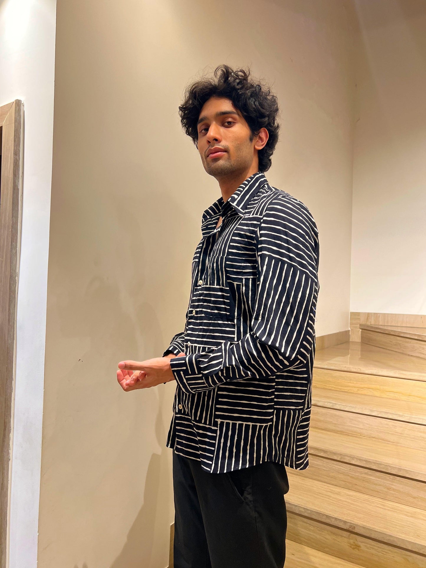 Relaxed fit block print shirt.