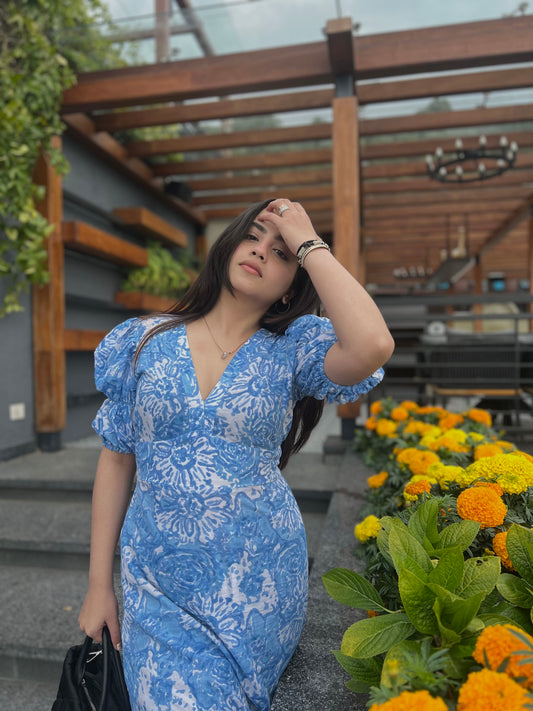 Blue Ballon Sleeved Dress