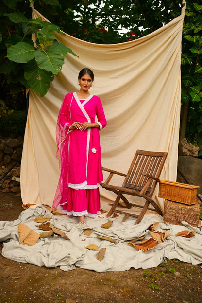 Pink Anghrakha set with dupatta.
