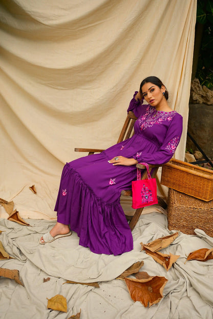 Ankle length embroidered Voilet tiered dress