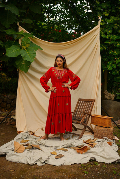 Ankle length embroidered Red tiered dress