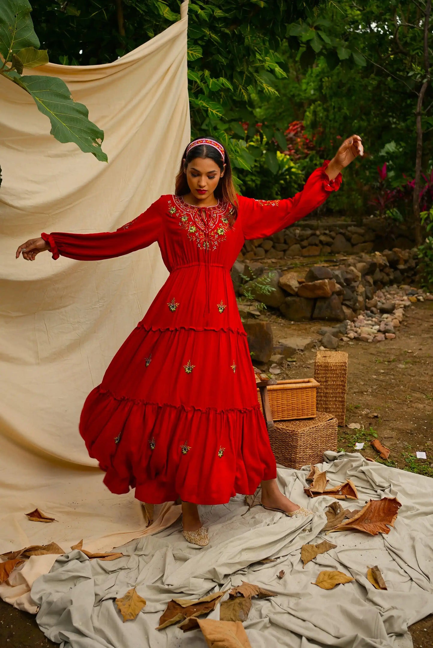 Ankle length embroidered Red tiered dress