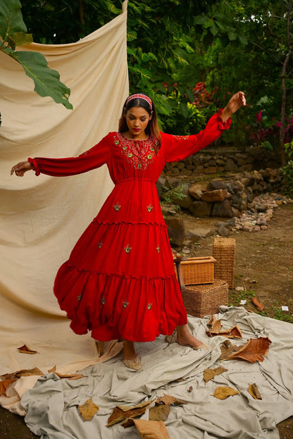 Ankle length embroidered Red tiered dress