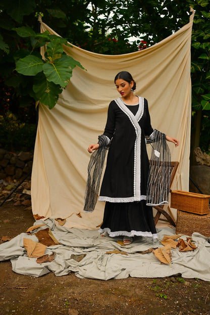 Black Anghrakha set with dupatta.