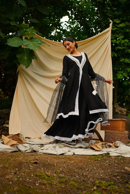 Black Anghrakha set with dupatta.