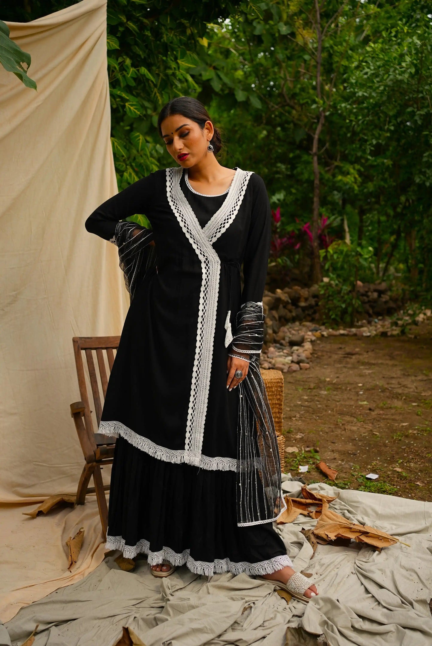 Black Anghrakha set with dupatta.