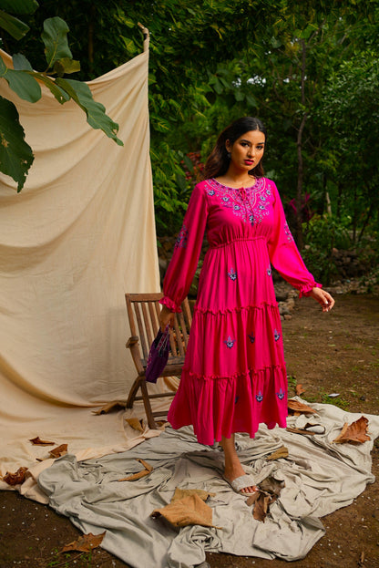 Ankle length embroidered Pink tiered dress