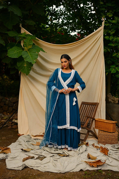 Blue Anghrakha set with dupatta.