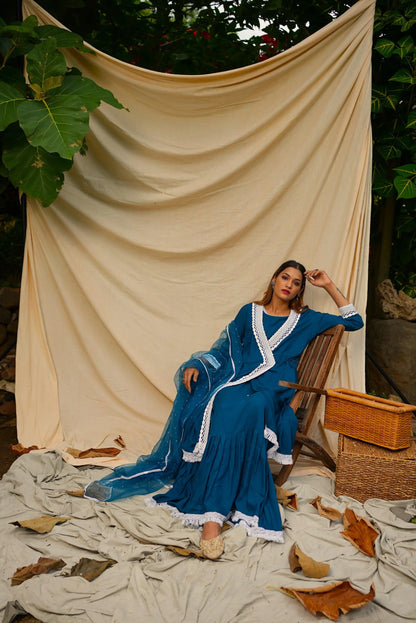 Blue Anghrakha set with dupatta.