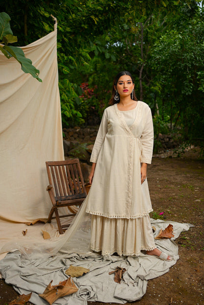 White Anghrakha set with dupatta.