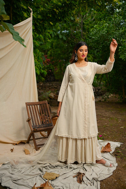 White Anghrakha set with dupatta.