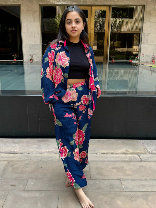 Navy blue Floral printed co-ord set with pockets