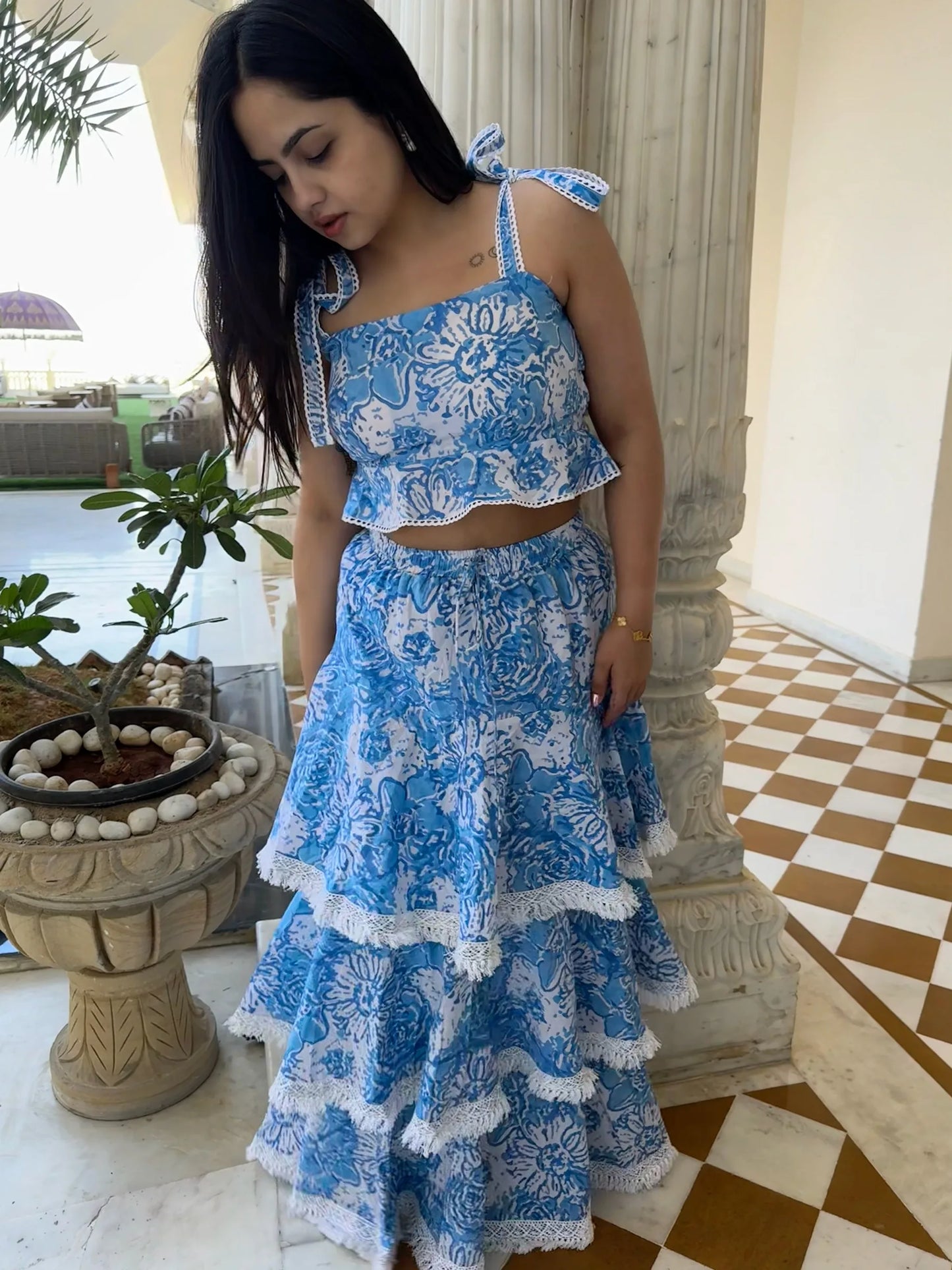 Blue printed top and skirt co-ord set