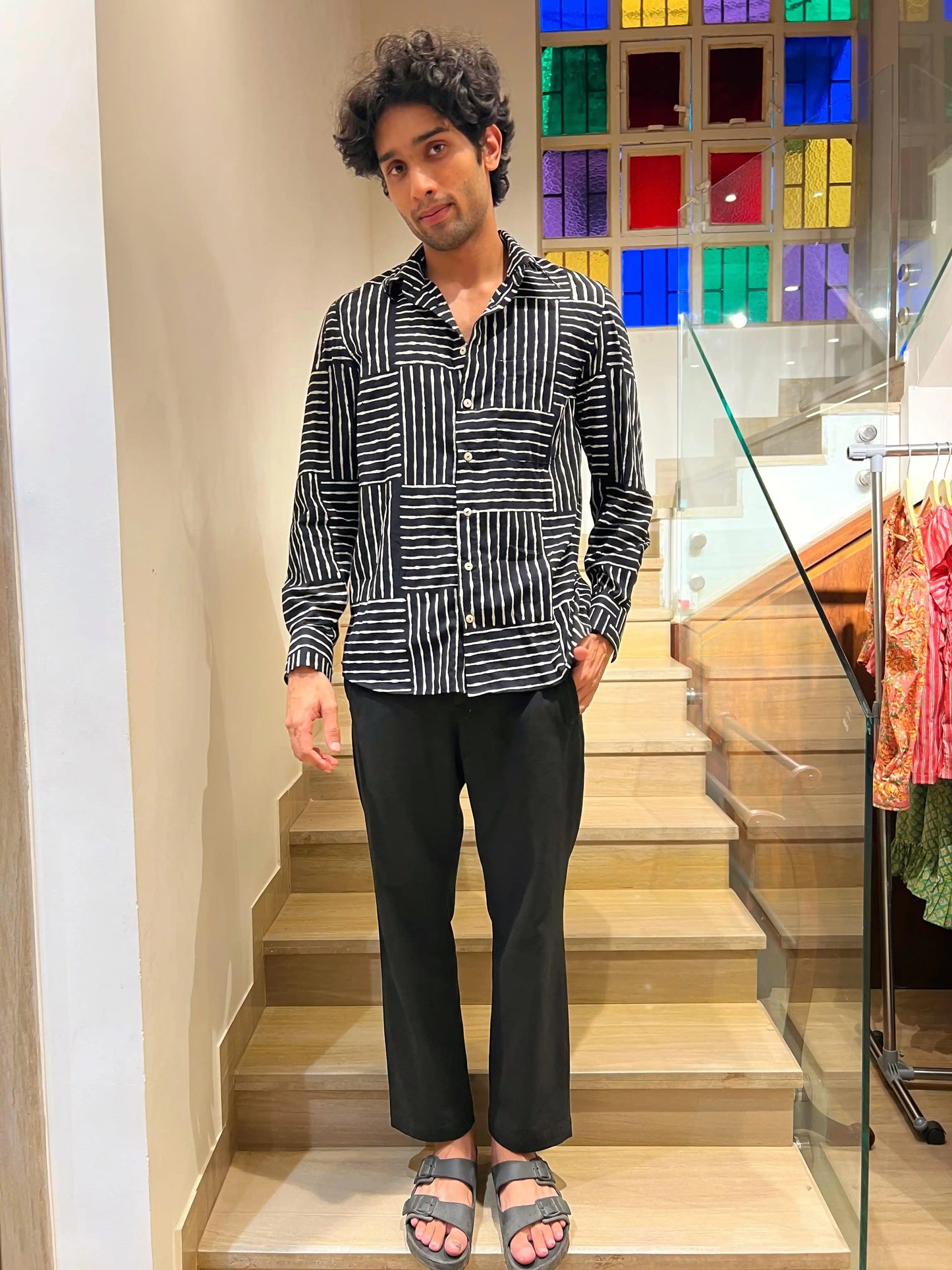 Relaxed fit block print shirt.