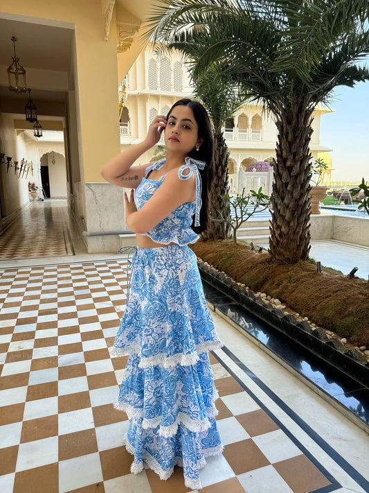 Blue printed top and skirt co-ord set