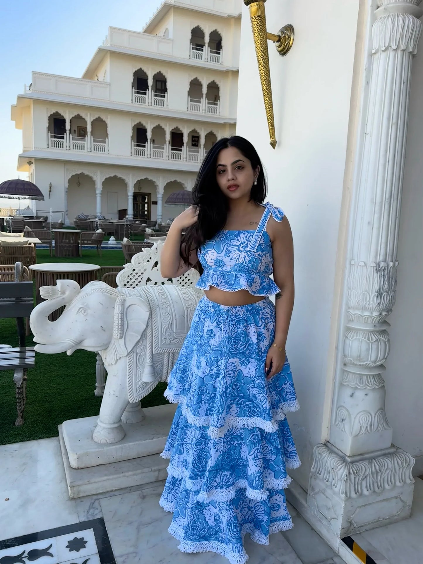 Blue printed top and skirt co-ord set