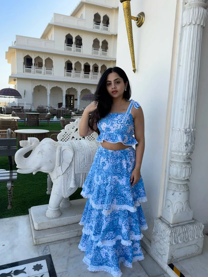 Blue printed top and skirt co-ord set